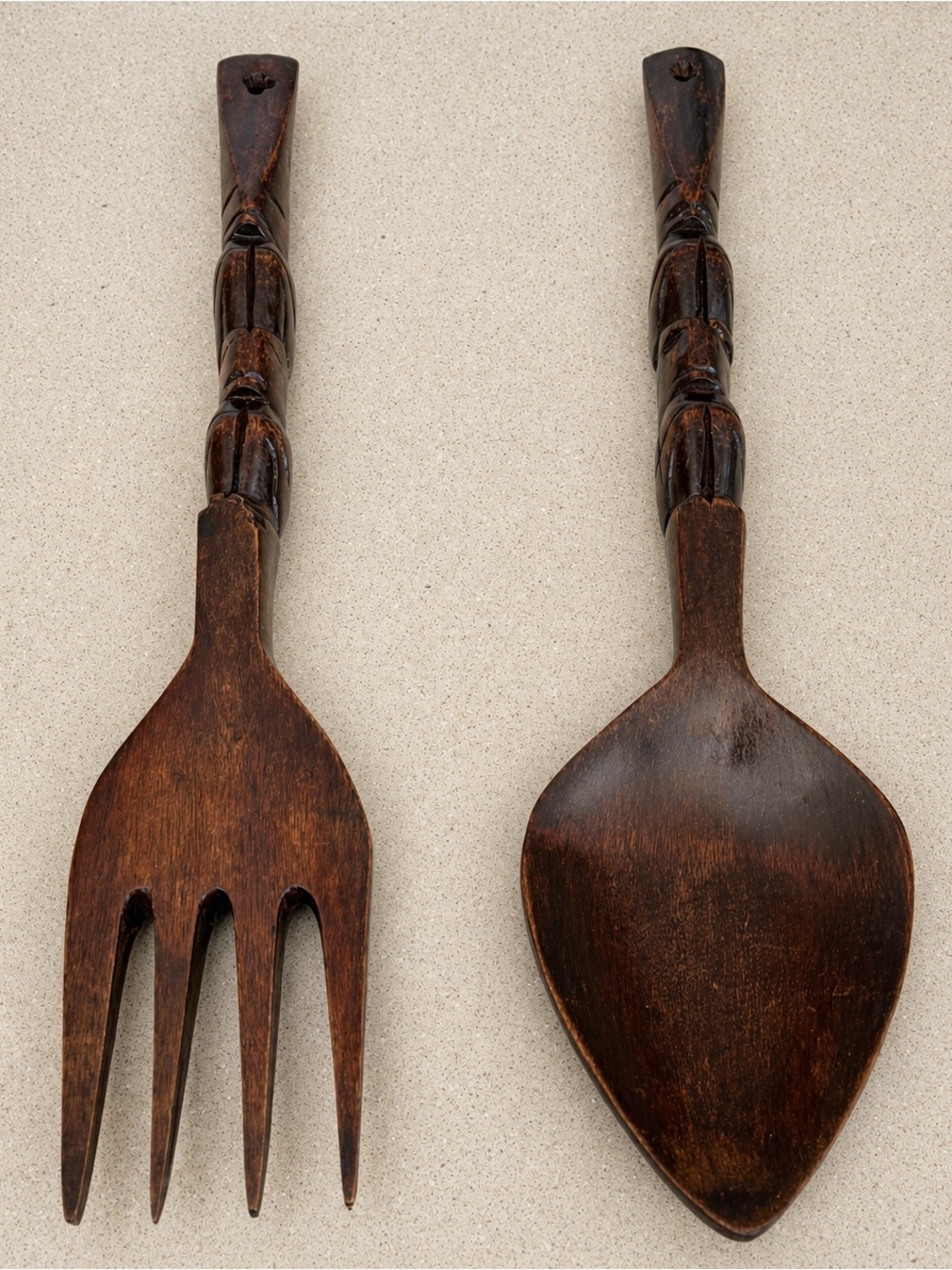 Hand Carved Wooden Fork Spoon Wall Decor Tiki Totem Pole Monkey Pod Wood 19" Vtg